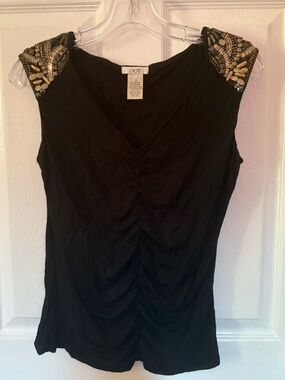 Cato Black V-Neck Ruched Tank with Beaded Cap Sleeves